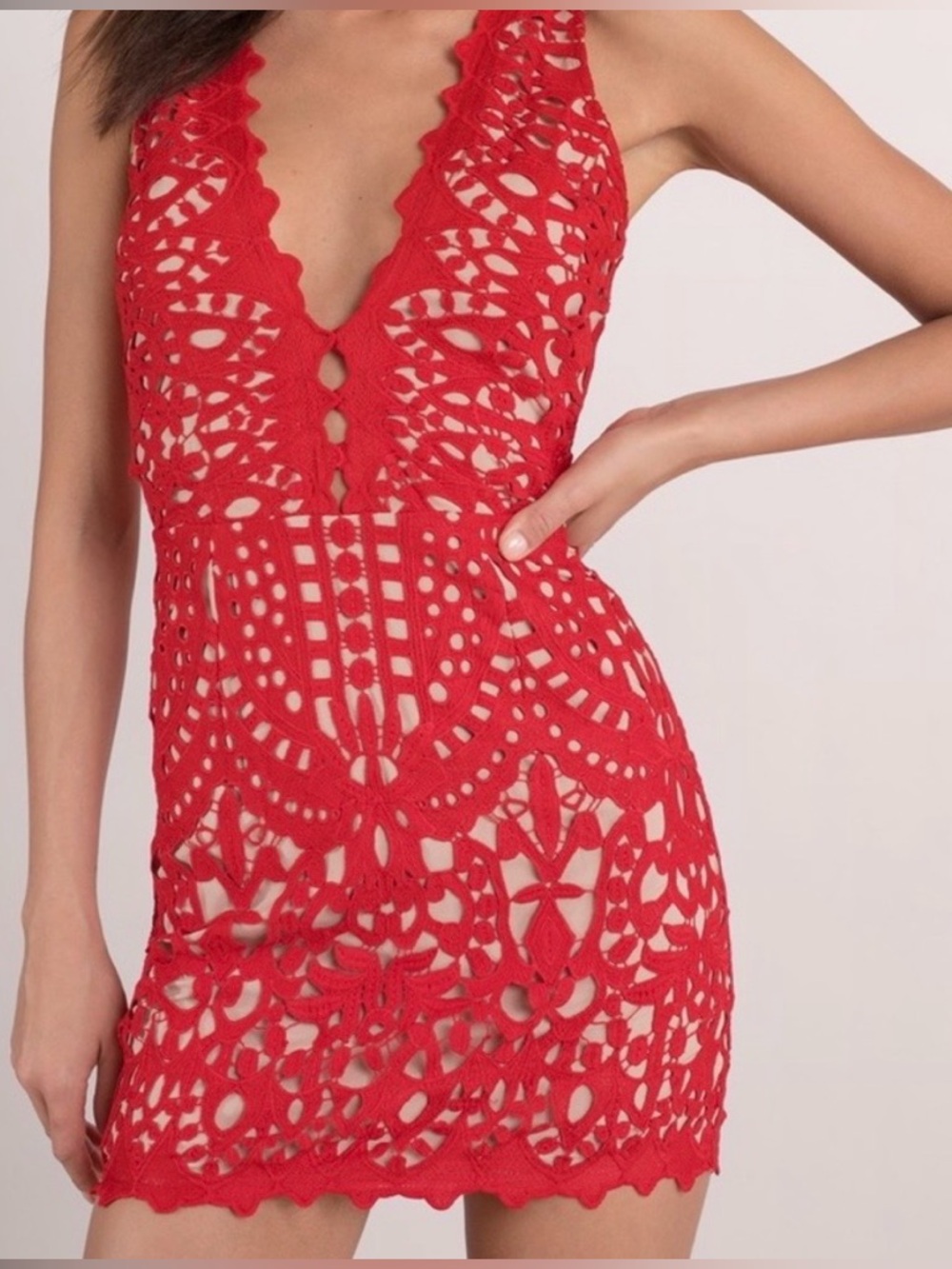 Tobi Chantelle Lace Up Bodycon Dress Red Small